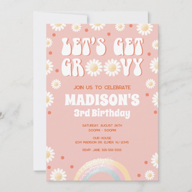 Let's Get Groovy Daisy Rainbow 70s Retro Birthday Invitation (Front)
