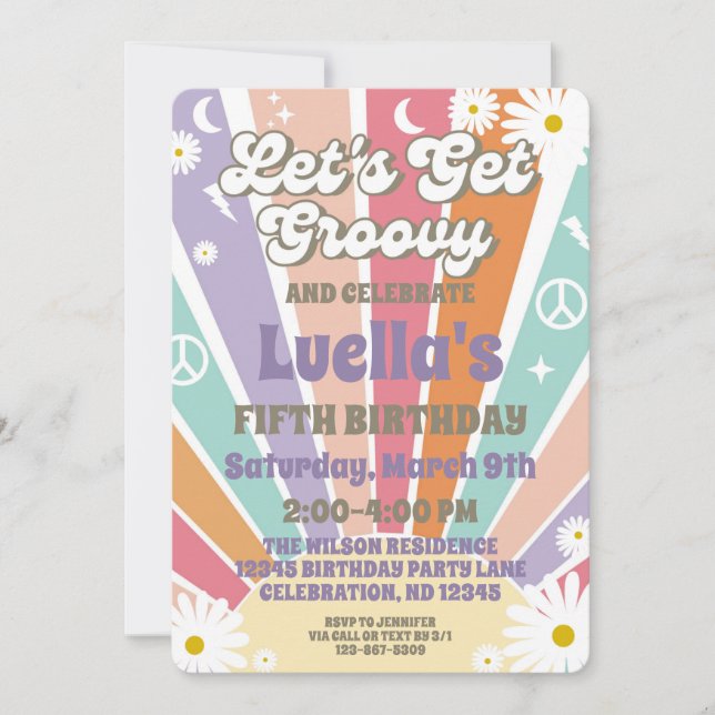Let's Get Groovy Hippy Sun & Daisy Girls Birthday Invitation (Front)