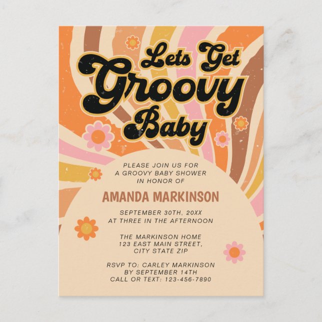 Let's Get Groovy Retro Baby Shower Invitation Postcard (Front)