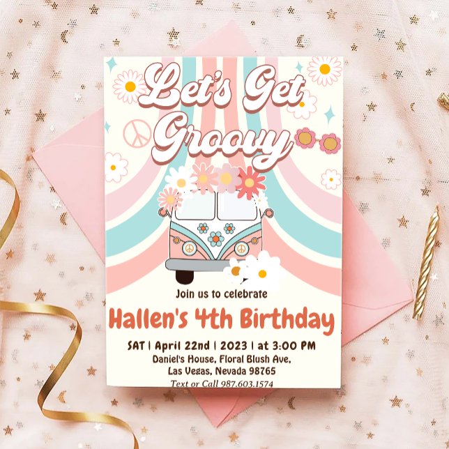 Let's Get Groovy Retro Boho Daisy Rainbow Birthday Invitation (Creator Uploaded)