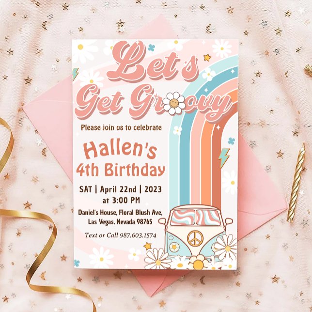 Let's Get Groovy Retro Boho Daisy Rainbow Birthday Invitation (Creator Uploaded)