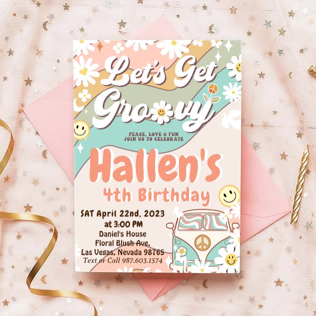 Let's Get Groovy Retro Boho Daisy Rainbow Birthday Invitation (Creator Uploaded)
