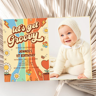 Let's Get Groovy Retro Rainbow 1st Birthday Photo Invitation