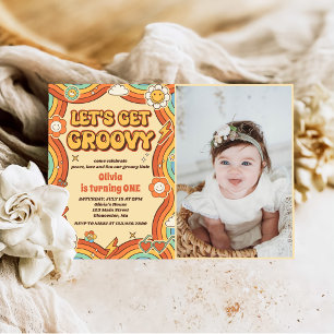 Let's Get Groovy Retro Rainbow 1st Birthday Photo Invitation