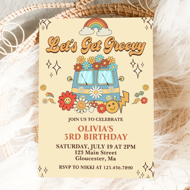Let's Get Groovy Retro Rainbow 3rd Birthday  Invitation (Creator Uploaded)