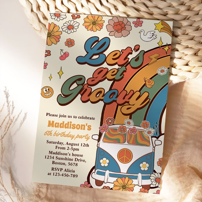 Let's Get Groovy Retro Rainbow 6th Birthday Invitation (Creator Uploaded)