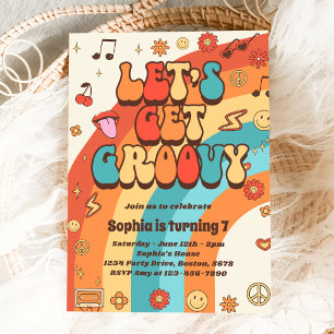 Let's Get Groovy Retro Rainbow 7th Birthday Invitation