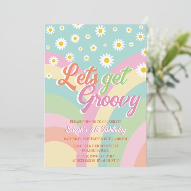 Let's Get Groovy Retro Rainbow Pastel 4th Birthday Invitation (Standing Front)
