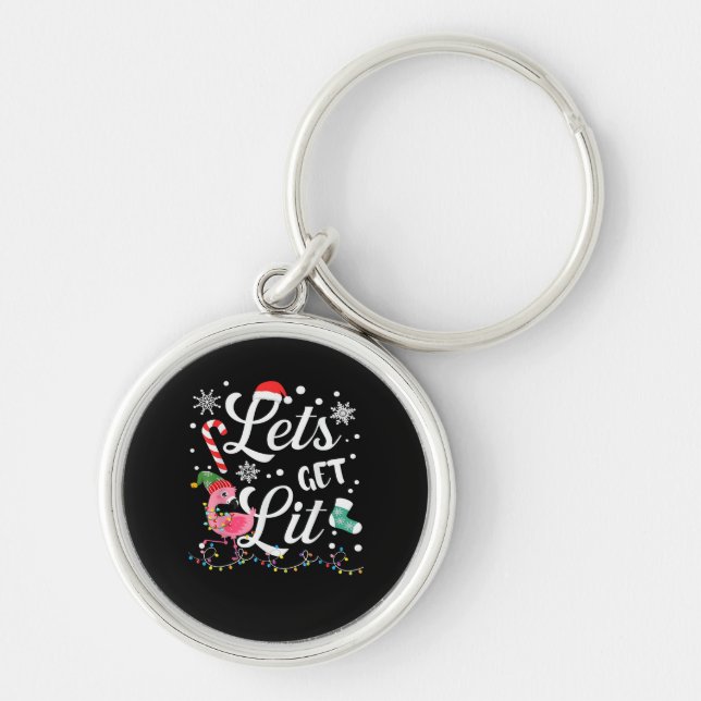 Let's Get Lit Adult Flamingo Funny Christmas Keychain (Front)