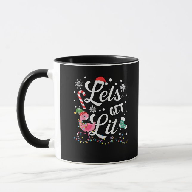 Let's Get Lit Adult Flamingo Funny Christmas Mug (Left)
