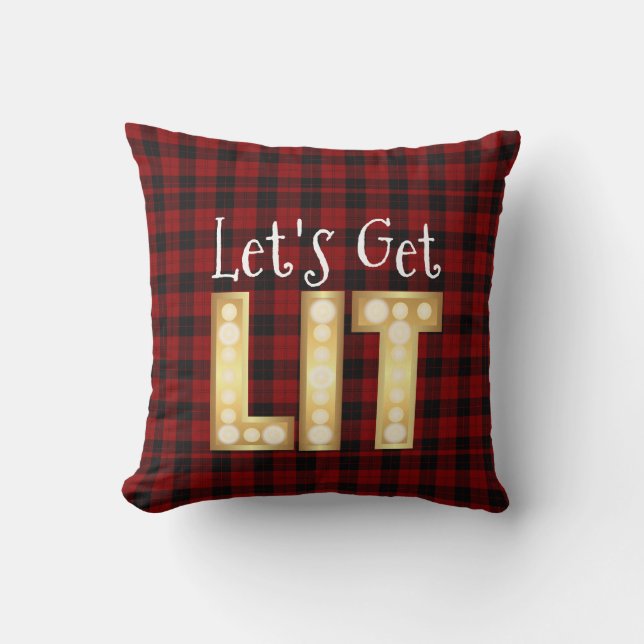 Lets Get LIT Buffalo Plaid Modern Personalized Throw Pillow (Front)