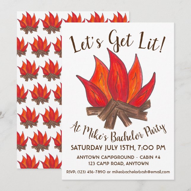 Let's Get Lit Camp Fire Bachelor Party Campout Invitation (Front/Back)