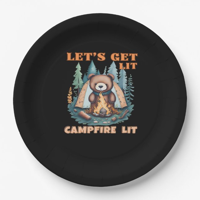 Let's Get Lit. Campfire Lit. Tent Camping Classic Paper Plate (Front)