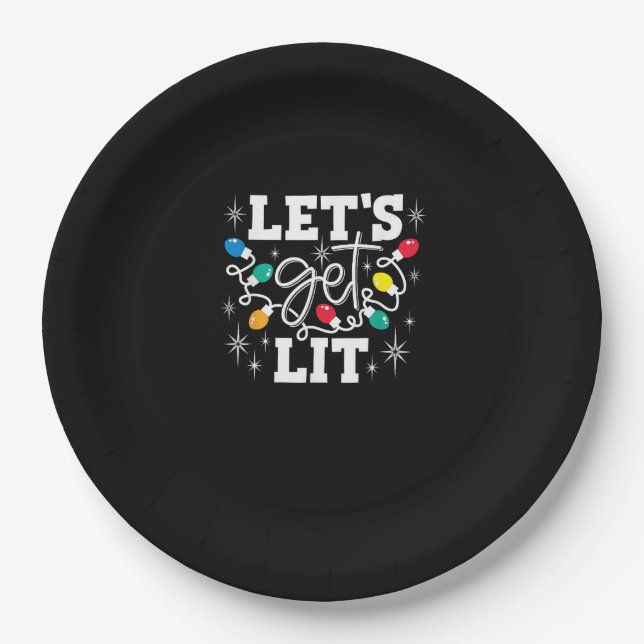 Let's Get Lit Christmas Lights Funny Retro Paper Plate (Front)