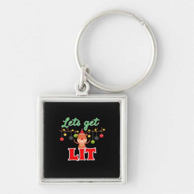 Let's Get Lit Christmas Reindeer Funny  Keychain (Front)