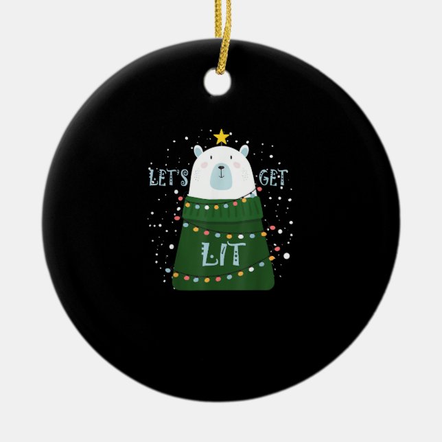 Let's Get Lit Cute Bear Christmas Pyjamas Ceramic Ornament (Front)