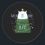 Let's Get Lit Cute Bear Christmas Pyjamas Classic Round Sticker<br><div class="desc">Let's Get Lit Cute Bear Christmas Pyjamas: A cozy Christmas pajama design featuring a cute bear and festive pun. Perfect for family sleepwear. Adorable,  playful,  and seasonal.</div>