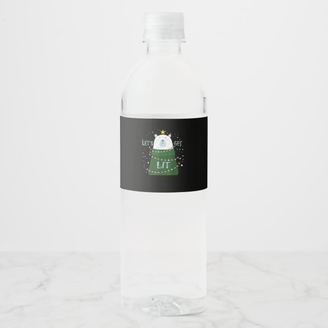 Let's Get Lit Cute Bear Christmas Pyjamas Water Bottle Label (Front)