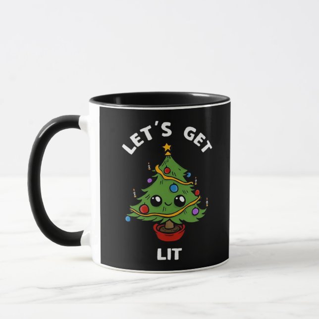 Let's Get Lit - Cute Funny Christmas Tree Design C Mug (Left)