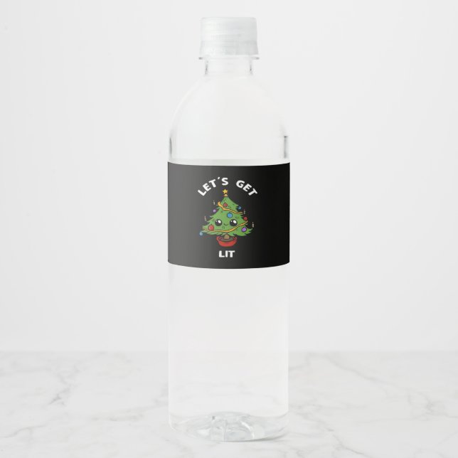 Let's Get Lit - Cute Funny Christmas Tree Design C Water Bottle Label (Front)