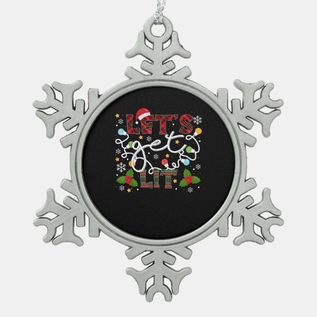 Let's Get Lit Drinking Santa Christmas Lights Snowflake Pewter Christmas Ornament (Front)