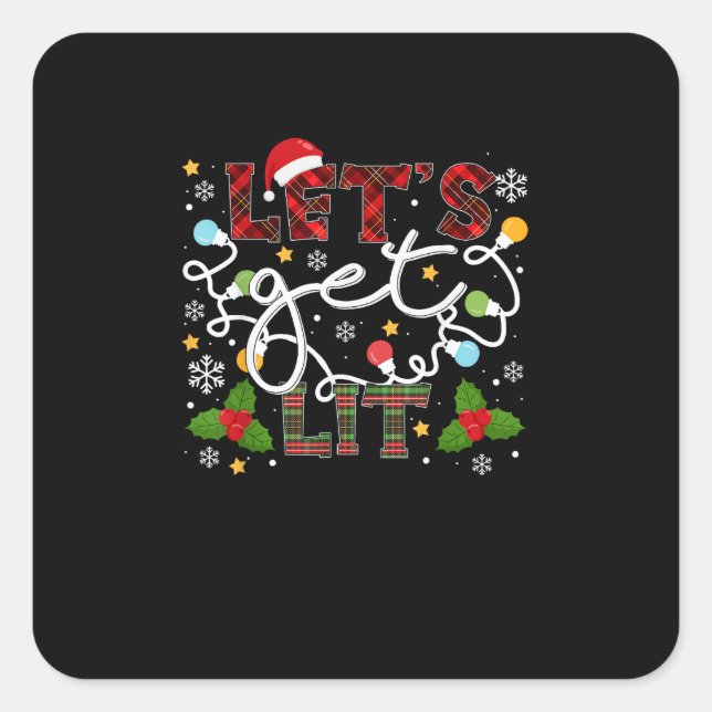 Let's Get Lit Drinking Santa Christmas Lights Square Sticker (Front)