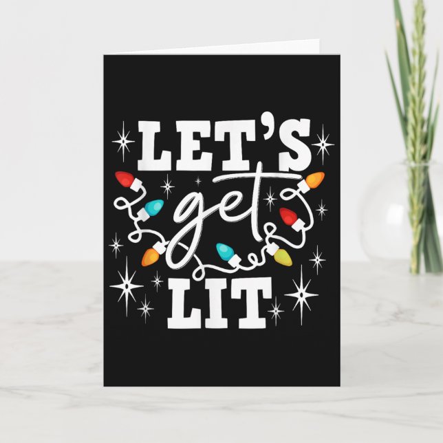 Let's Get Lit Drinking Santa Hat Christmas Lights  Card (Front)