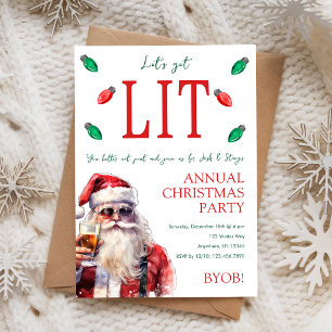 Let's Get Lit Drunk Santa Christmas Party Invitation
