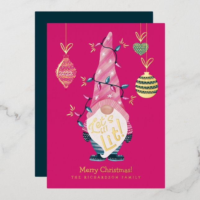 Let's Get Lit Fun Bright Gnome Christmas Lights Fo Foil Holiday Card (Front/Back)