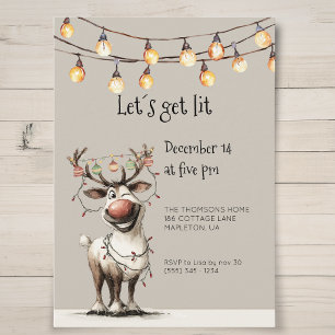 let's get lit fun reindeer holidays party  invitation