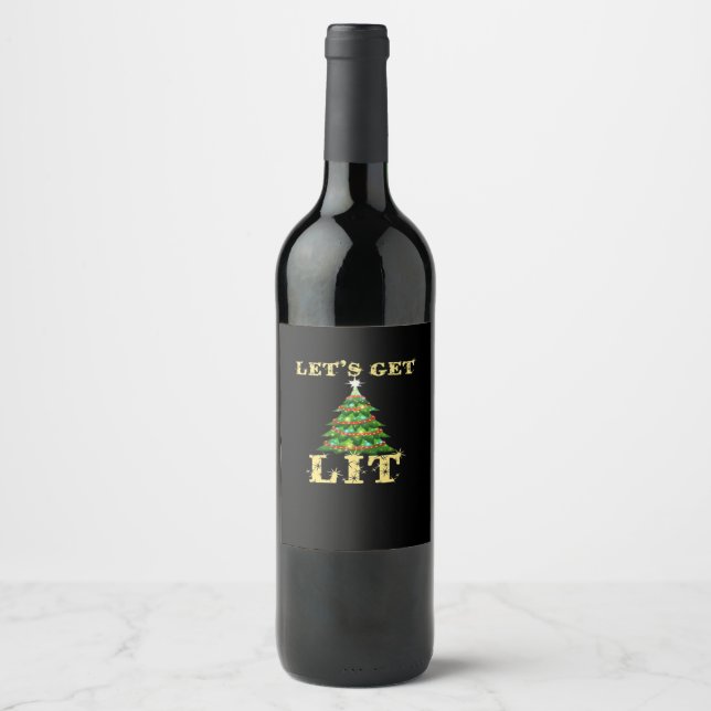 Let's Get Lit Funny Christmas Drinking Classic Wine Label (Front)