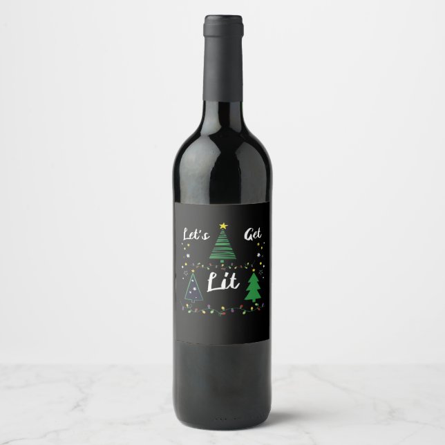 Let's Get Lit Funny Christmas Drinking Essential Wine Label (Front)