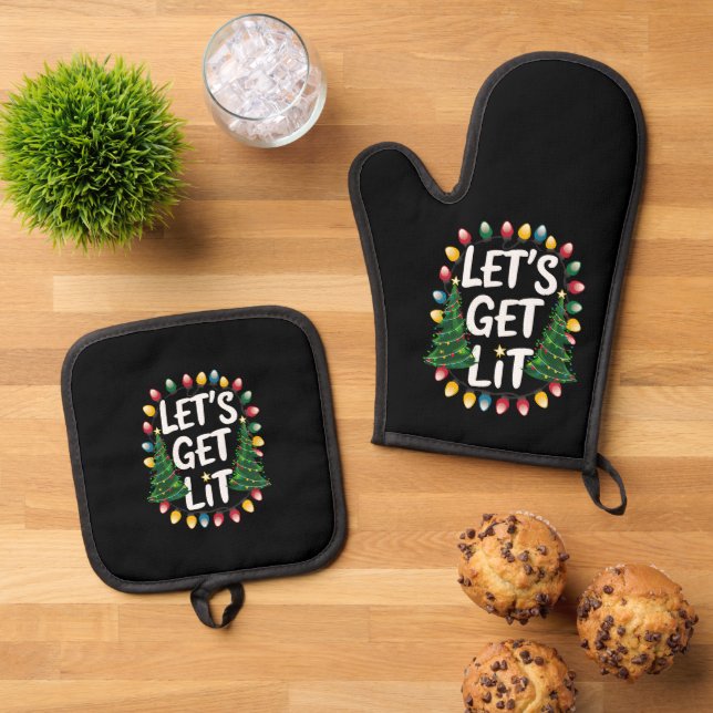 Let's Get Lit Funny Christmas Drinking Xmas Lights Oven Mitt & Pot Holder Set (Top Down)