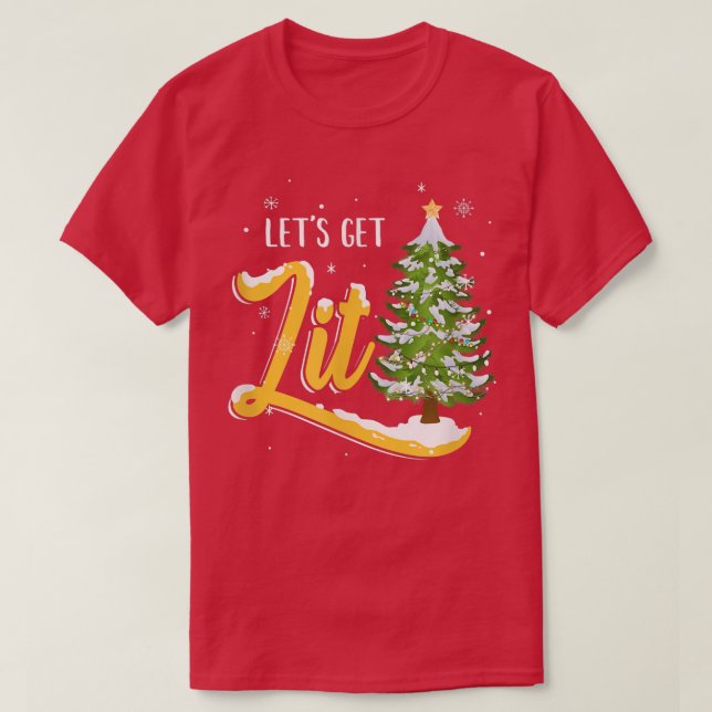 Let's Get Lit Funny Christmas Tree Drinking Beer  T-Shirt (Design Front)