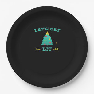 Let's Get Lit Funny Drunk Drinking Christmas Tree Paper Plate