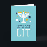 Let's Get Lit | Funny Hanukkah Greeting Card<br><div class="desc">Funny Hanukkah greeting card features a turquoise blue background with "let's get lit" and a lit menorah illustration accented with blue and white stars. Customize the inside with a pre-printed Hanukkah message and signature.</div>
