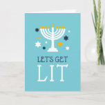 Let's Get Lit | Funny Hanukkah Greeting Card<br><div class="desc">Funny Hanukkah greeting card features a turquoise blue background with "let's get lit" and a lit menorah illustration accented with blue and white stars. Customize the inside with a pre-printed Hanukkah message and signature.</div>