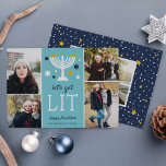 Let's Get Lit | Funny Hanukkah Photo Collage Card<br><div class="desc">Time to get lit... the menorah, that is! Funny Hanukkah photo card features "let's get lit" beneath a menorah illustration accented with blue and white stars. Add four of your favourite photos in a collage layout, along with your names and a custom Hanukkah greeting. Personalize the back with an additional...</div>