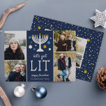 Let's Get Lit | Funny Hanukkah Photo Collage Holiday Card<br><div class="desc">Time to get lit... the menorah, that is! Funny Hanukkah photo card features "let's get lit" beneath a menorah illustration accented with blue and white stars. Add four of your favourite photos in a collage layout, along with your names and a custom Hanukkah greeting. Personalize the back with an additional...</div>