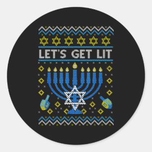 Let's Get Lit Funny Jewish Holiday Chanukah Ugly H Classic Round Sticker