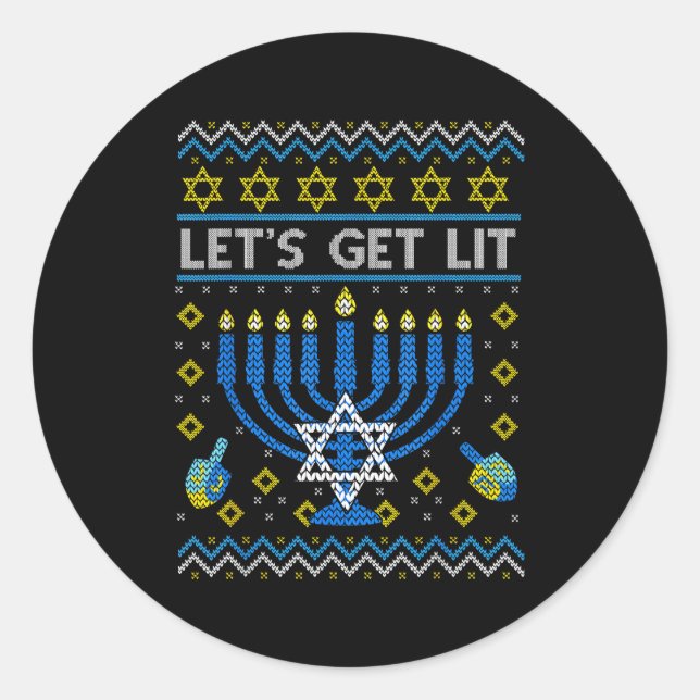 Let's Get Lit Funny Jewish Holiday Chanukah Ugly H Classic Round Sticker (Front)