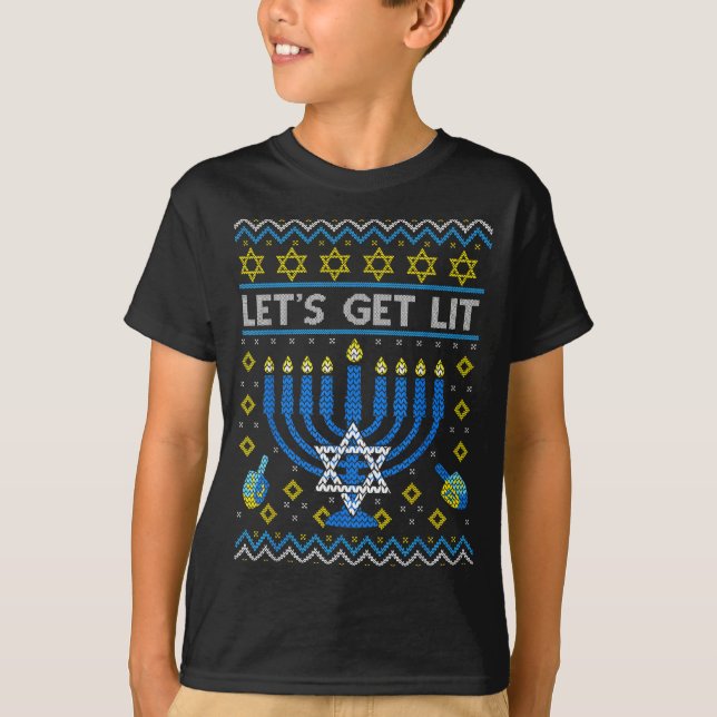 Let's Get Lit Funny Jewish Holiday Chanukah Ugly H T-Shirt (Front)