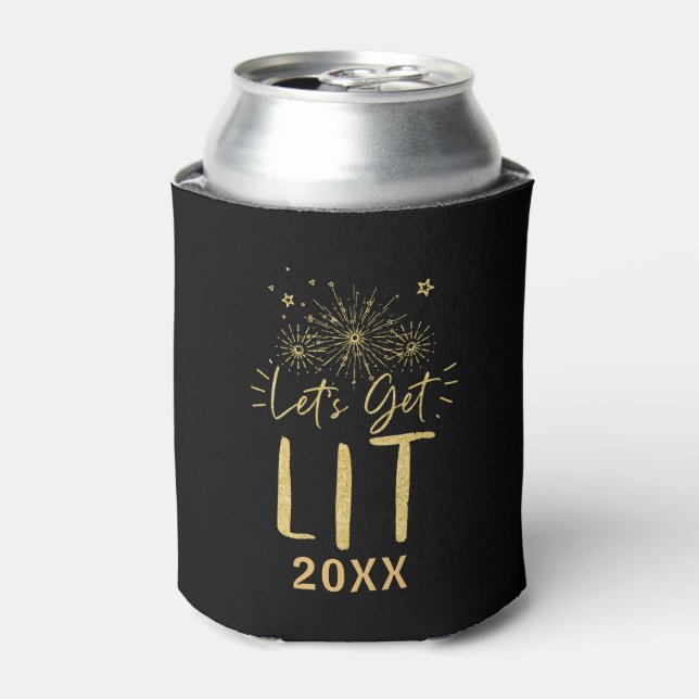 Let's Get Lit Gold Typography New Year's Eve Party Can Cooler (Can Front)