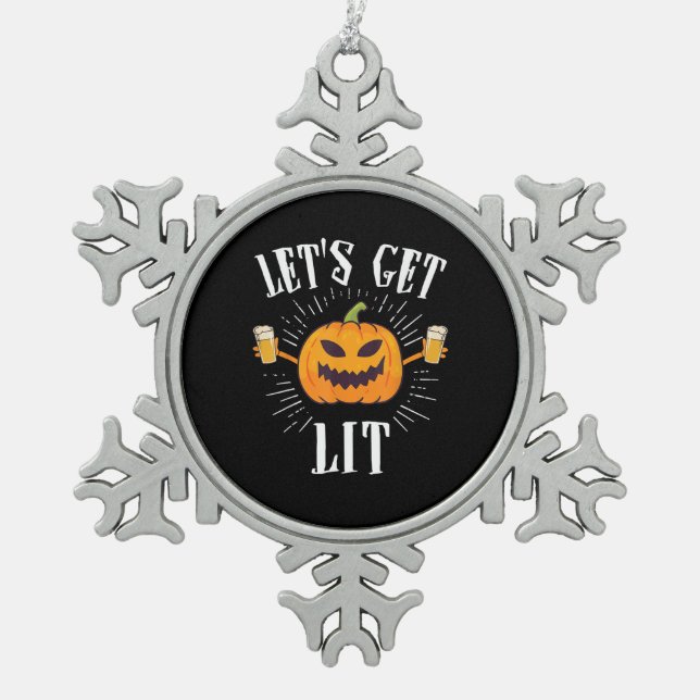 Let's Get Lit Halloween Beer Drinker Snowflake Pewter Christmas Ornament (Front)