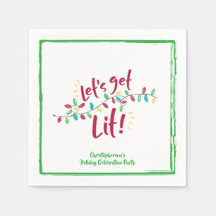 LET'S GET LIT Holiday Lights Green Border Napkin