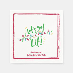 LET'S GET LIT   Holiday Lights   Red Border Napkin