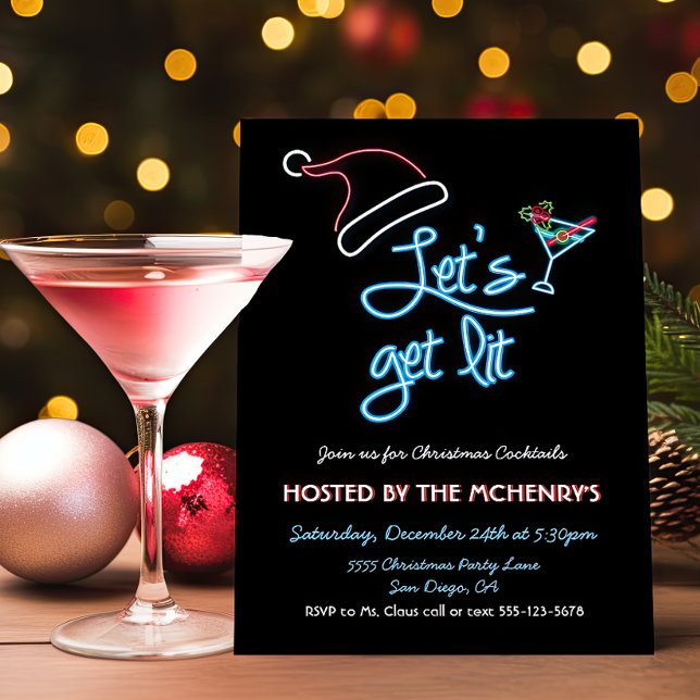 Let's get lit Neon Sign Christmas Cocktail Party Invitation (Creator Uploaded)