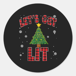 Let's Get Lit Red Buffalo Plaid Christmas Pajama D Classic Round Sticker