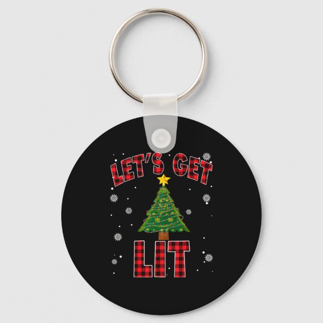 Let's Get Lit Red Buffalo Plaid Christmas Pajama D Keychain (Front)