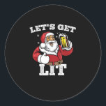 Let's Get Lit Santa Drinking Beer Christmas Classic Round Sticker<br><div class="desc">Let's Get Lit Santa Drinking Beer Christmas: A humourous design featuring Santa with a beer. Perfect for holiday drinking parties. Fun,  witty,  and festive.</div>